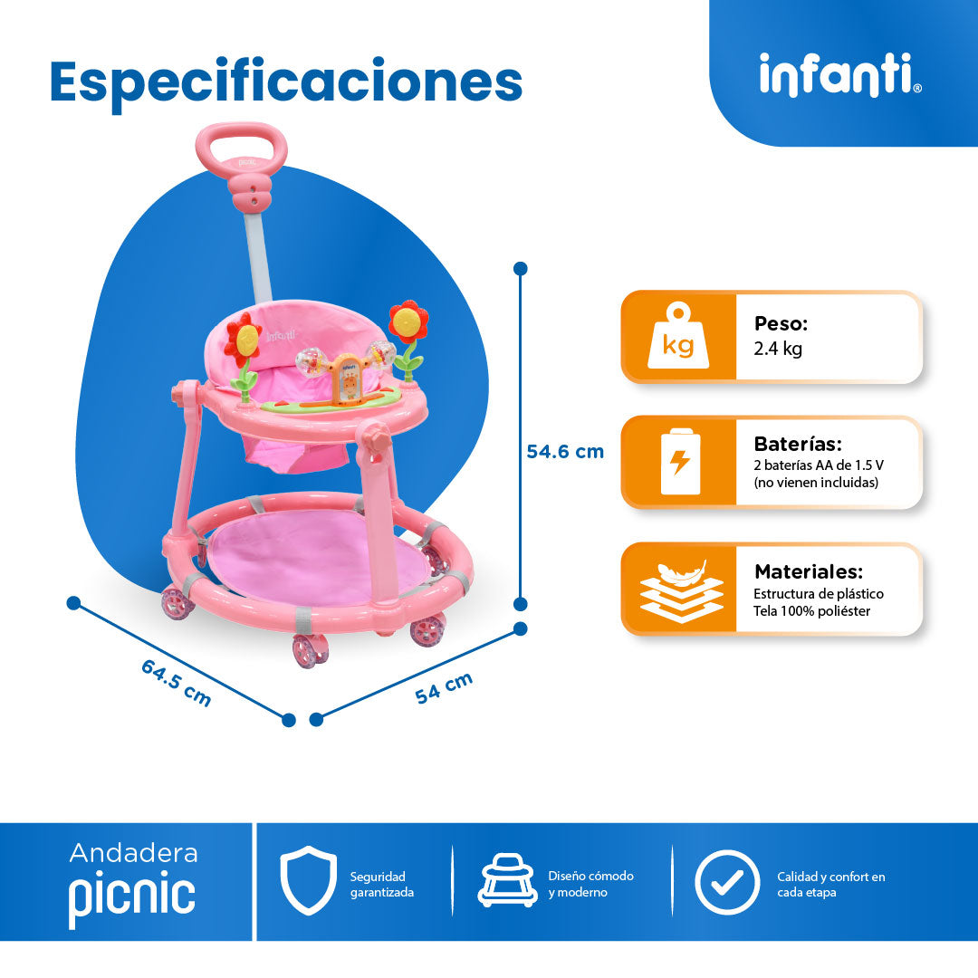 Andadera Picnic Con Tablero Interactivo y Barra de Empuje