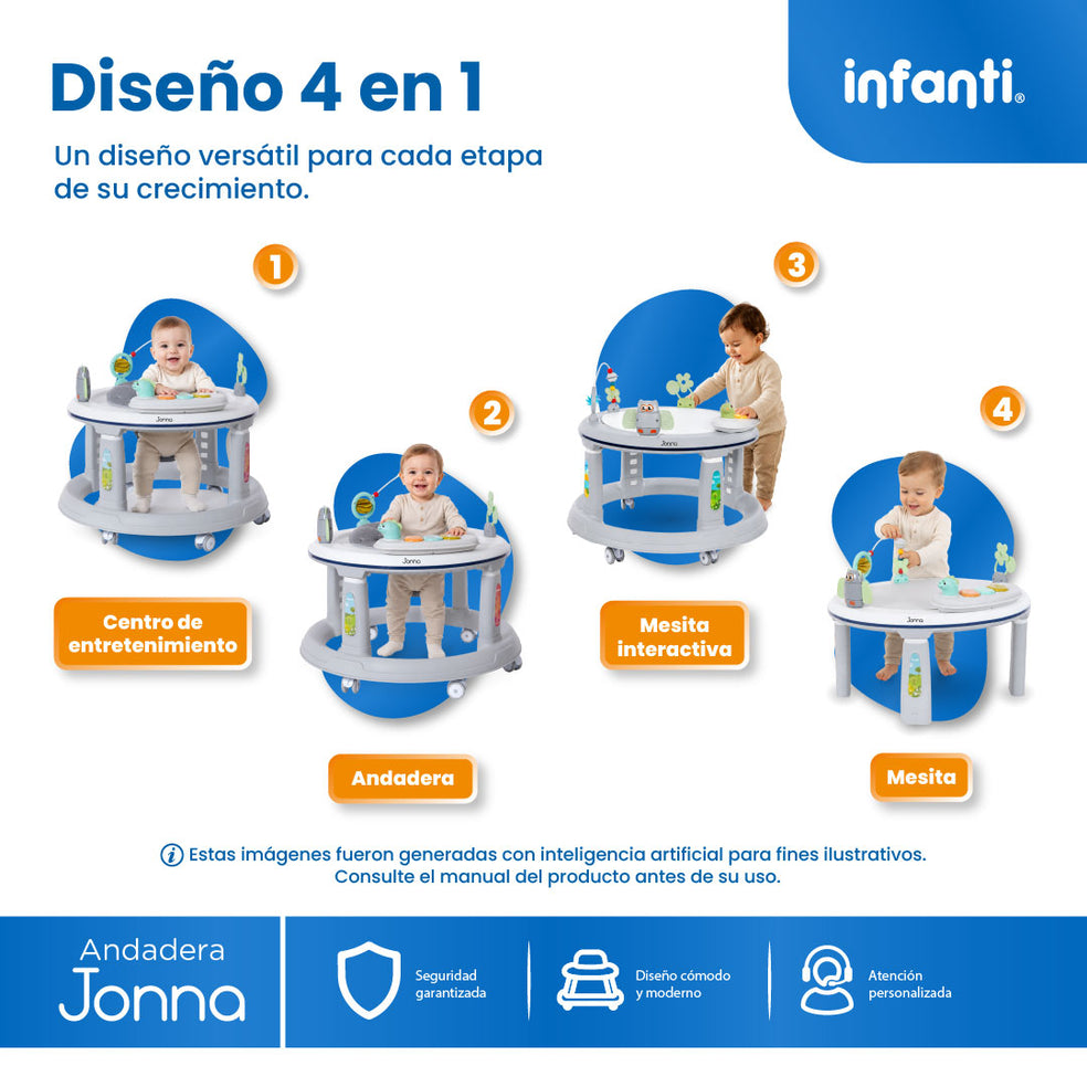 Andadera 4 en 1 Jonna Con Centro de Entretenimiento, Mesita Interactiva y Mesa de Juegos, Asiento Giratorio 360°, Altura Ajustable, Tapete Desmontable con Luz y Sonido, 12 kg max, Infanti