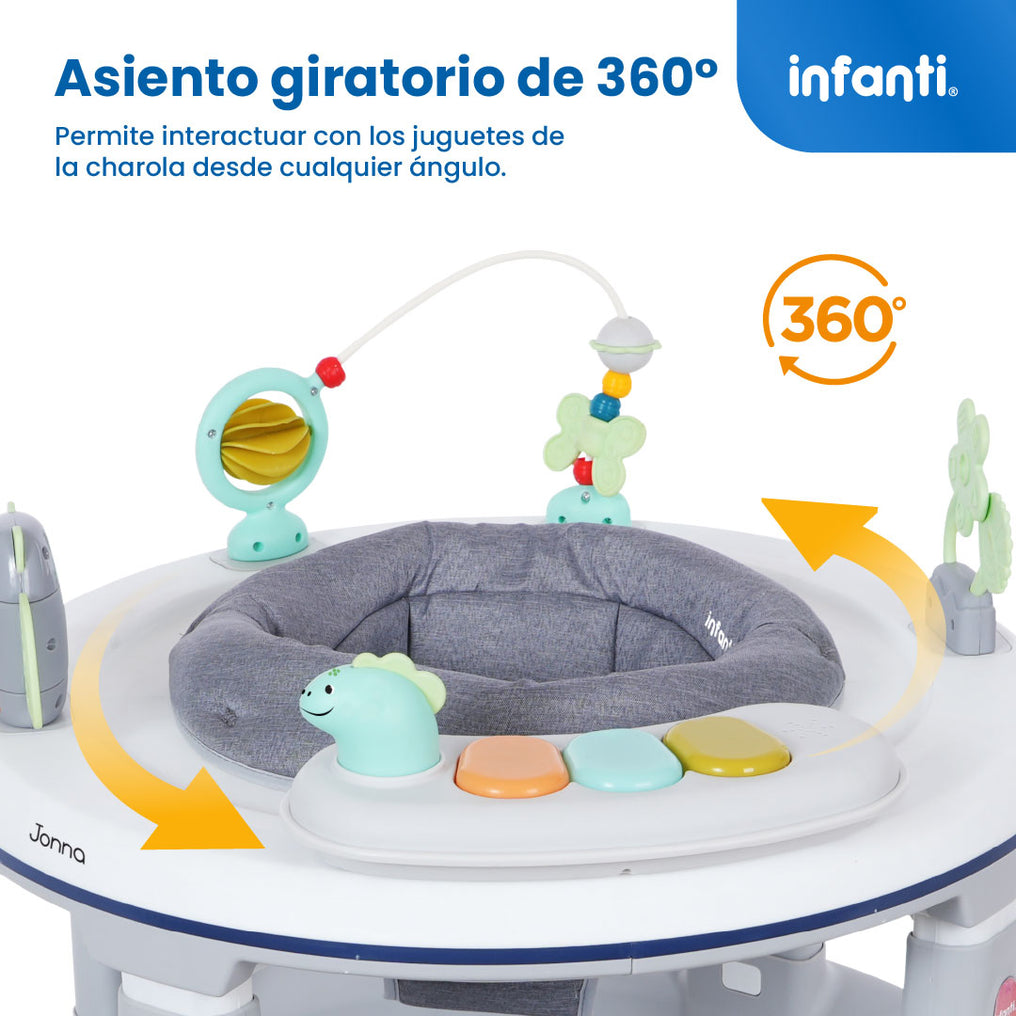 Andadera 4 en 1 Jonna Con Centro de Entretenimiento, Mesita Interactiva y Mesa de Juegos, Asiento Giratorio 360°, Altura Ajustable, Tapete Desmontable con Luz y Sonido, 12 kg max, Infanti