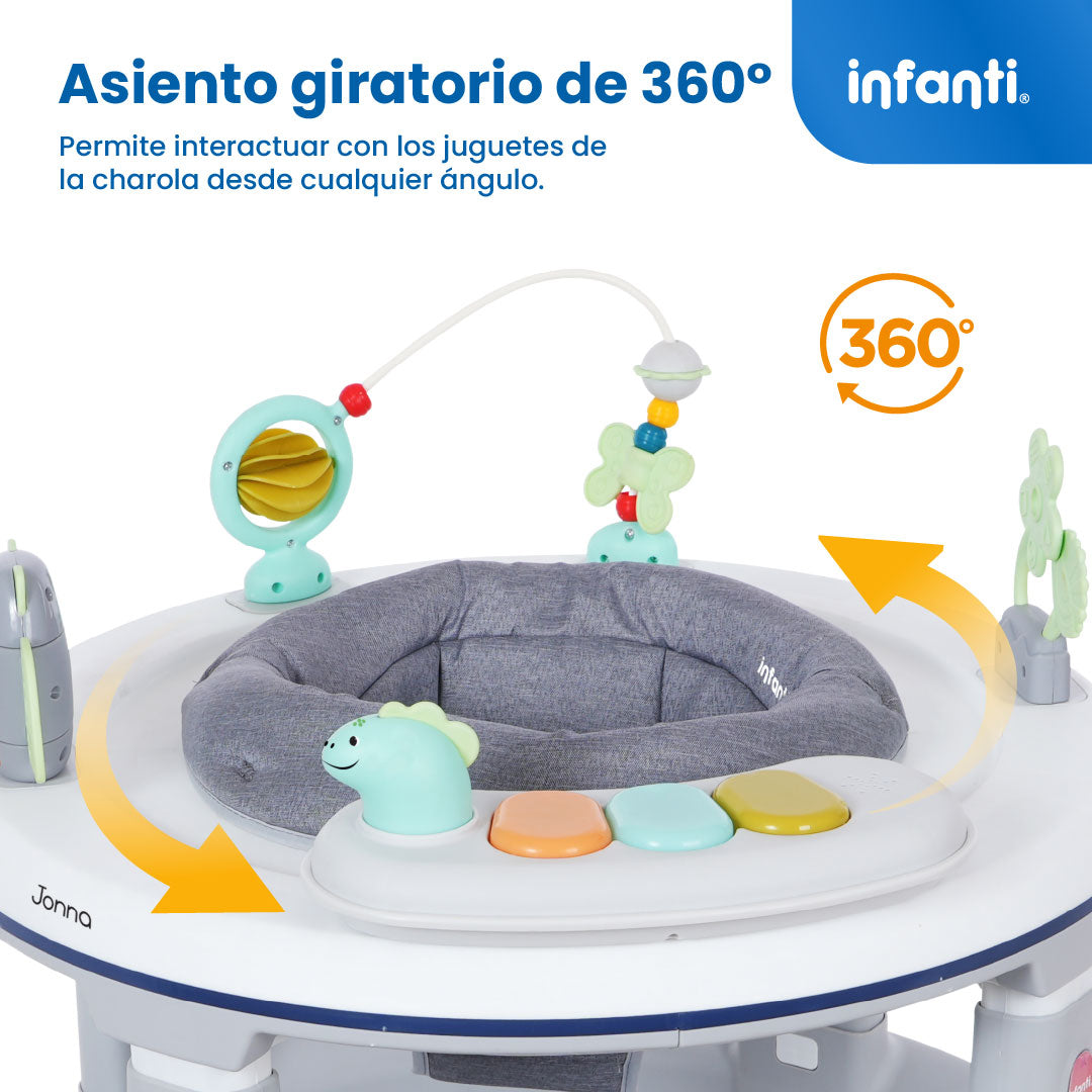 Andadera 4 en 1 Jonna Con Centro de Entretenimiento, Mesita Interactiva y Mesa de Juegos, Asiento Giratorio 360°, Altura Ajustable, Tapete Desmontable con Luz y Sonido, 12 kg max, Infanti
