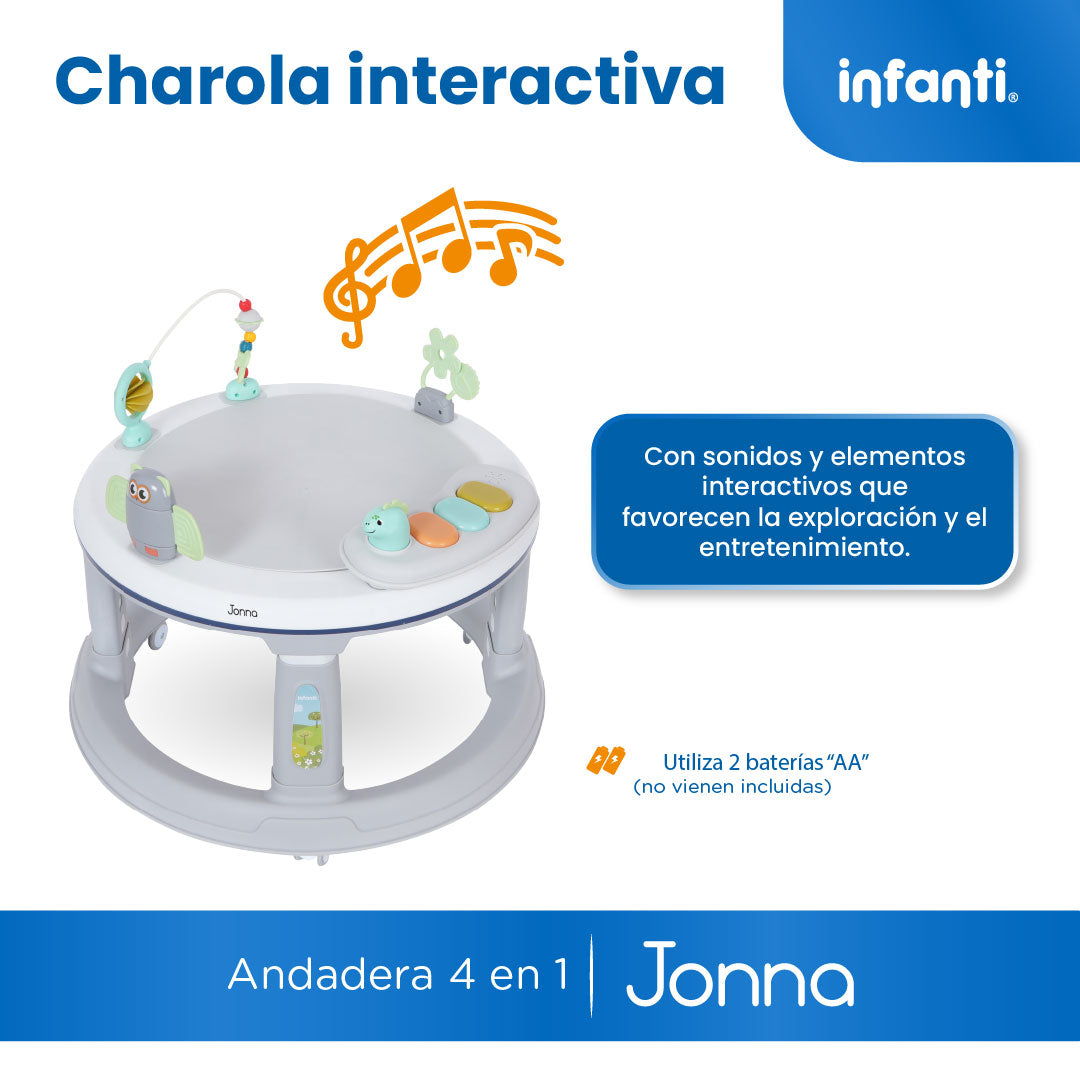 Andadera 4 en 1 Jonna Con Centro de Entretenimiento, Mesita Interactiva y Mesa de Juegos, Asiento Giratorio 360°, Altura Ajustable, Tapete Desmontable con Luz y Sonido, 12 kg max, Infanti