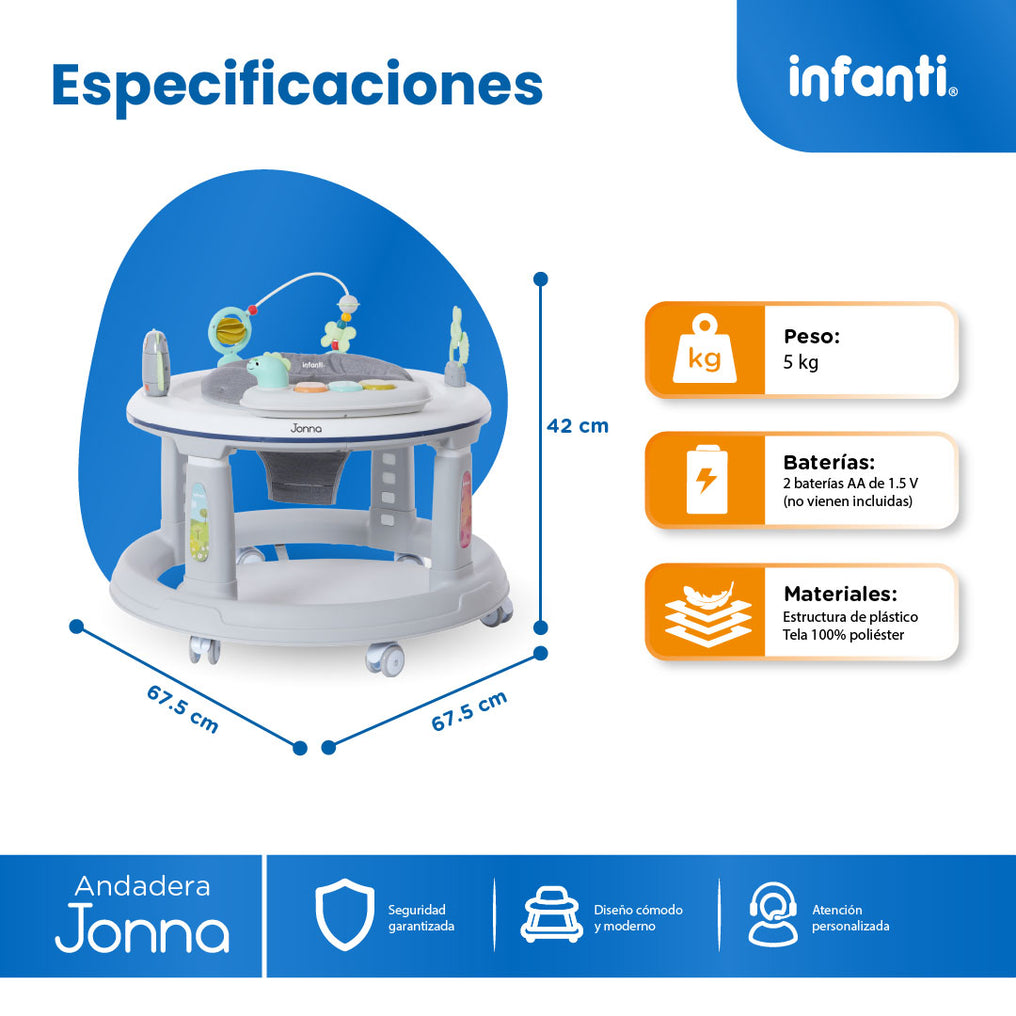 Andadera 4 en 1 Jonna Con Centro de Entretenimiento, Mesita Interactiva y Mesa de Juegos, Asiento Giratorio 360°, Altura Ajustable, Tapete Desmontable con Luz y Sonido, 12 kg max, Infanti