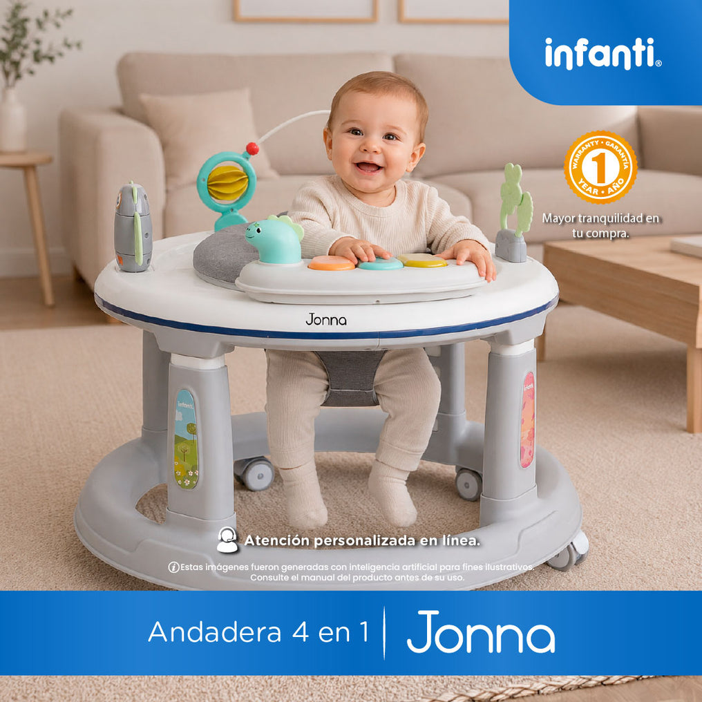 Andadera 4 en 1 Jonna Con Centro de Entretenimiento, Mesita Interactiva y Mesa de Juegos, Asiento Giratorio 360°, Altura Ajustable, Tapete Desmontable con Luz y Sonido, 12 kg max, Infanti