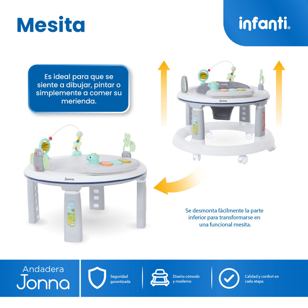 Andadera 4 en 1 Jonna Con Centro de Entretenimiento, Mesita Interactiva y Mesa de Juegos, Asiento Giratorio 360°, Altura Ajustable, Tapete Desmontable con Luz y Sonido, 12 kg max, Infanti
