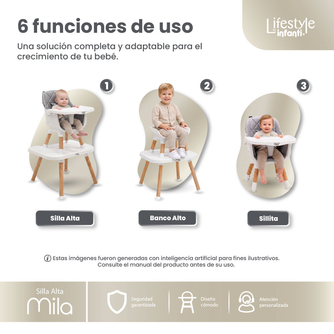 Silla Alta 6 en 1, Mila, Silla Pequeña, Banco Alto, Banquito, Mesa con Sillita y Mesa con Banco, Arnés de 5 Puntos, Charola Ajustable y Funda Lavable, Hasta 25 kg. Lifestyle By Infanti
