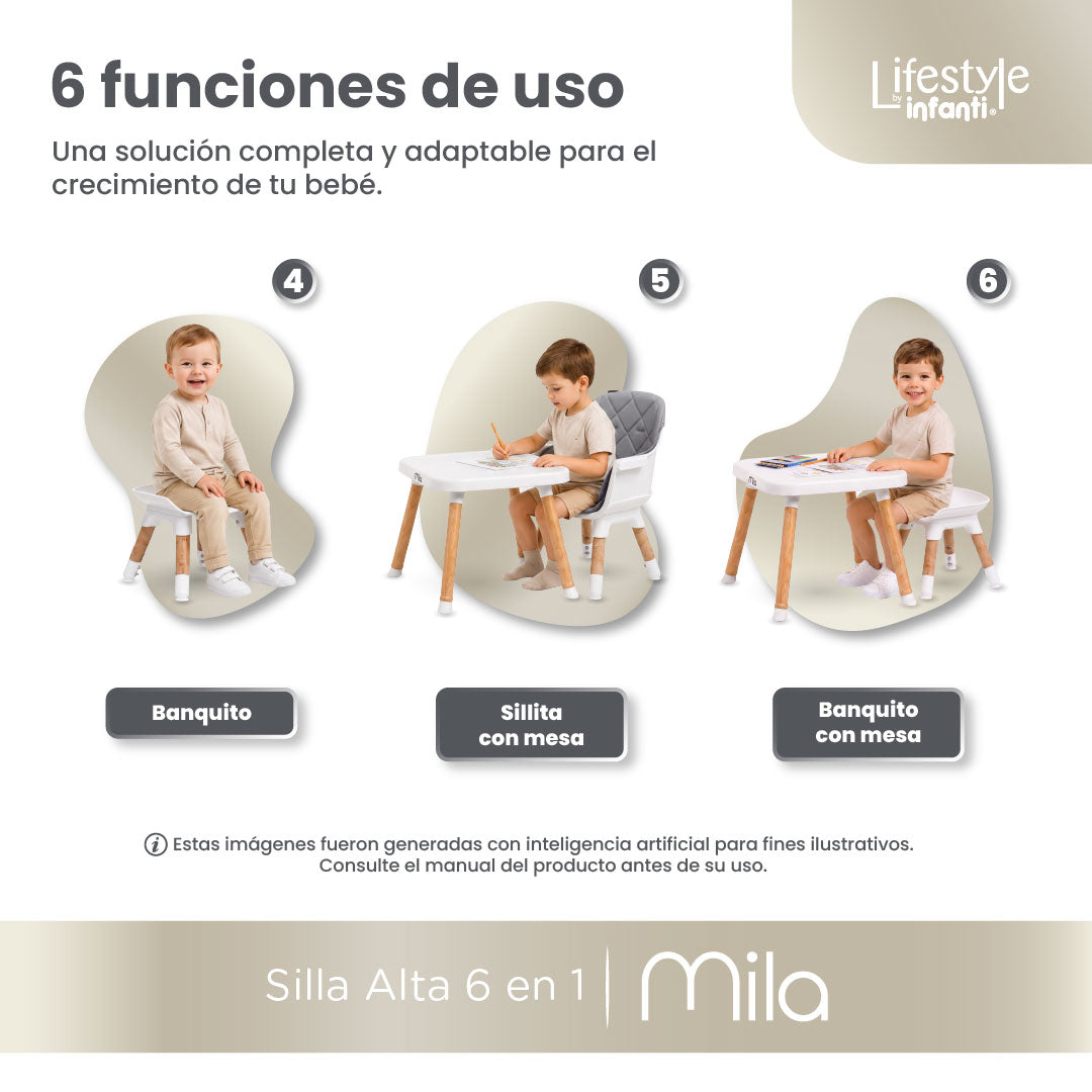 Silla Alta 6 en 1, Mila, Silla Pequeña, Banco Alto, Banquito, Mesa con Sillita y Mesa con Banco, Arnés de 5 Puntos, Charola Ajustable y Funda Lavable, Hasta 25 kg. Lifestyle By Infanti