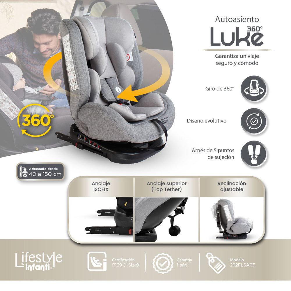 Autoasiento Evolutivo Luke Con Sistema ISOFIX, Top Tether, Giro 360° De 40 a 150 cm, Reclinación Ajustable, Arnés de 5 Puntos, Cabecera Ajustable, Certificación ECE R44/04 Lifestyle By Infanti.