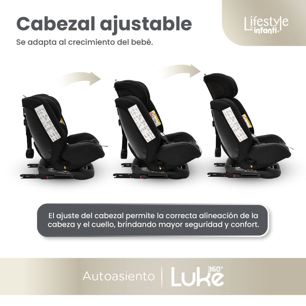 Autoasiento Evolutivo Luke Con Sistema ISOFIX, Top Tether, Giro 360° De 40 a 150 cm, Reclinación Ajustable, Arnés de 5 Puntos, Cabecera Ajustable, Certificación ECE R44/04 Lifestyle By Infanti.