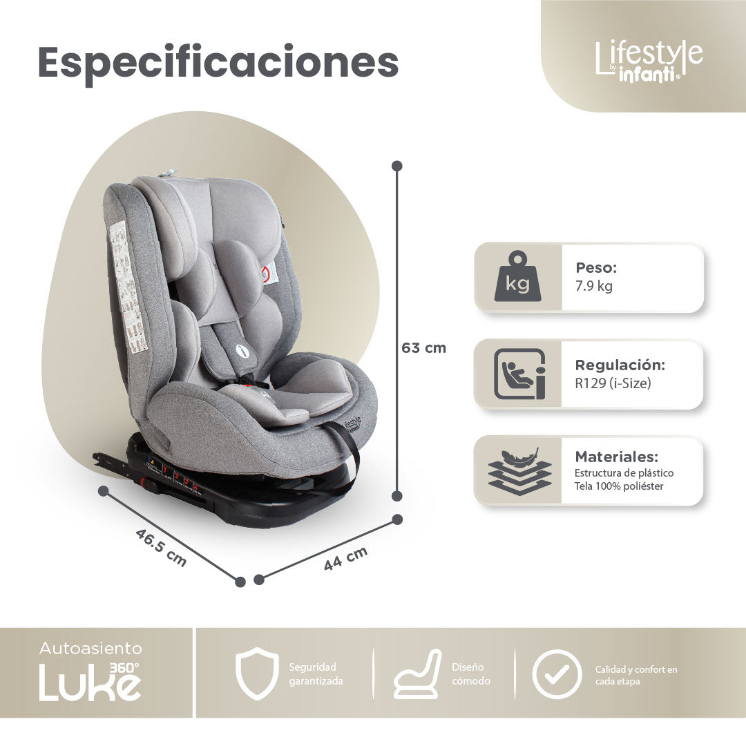 Autoasiento Evolutivo Luke Con Sistema ISOFIX, Top Tether, Giro 360° De 40 a 150 cm, Reclinación Ajustable, Arnés de 5 Puntos, Cabecera Ajustable, Certificación ECE R44/04 Lifestyle By Infanti.