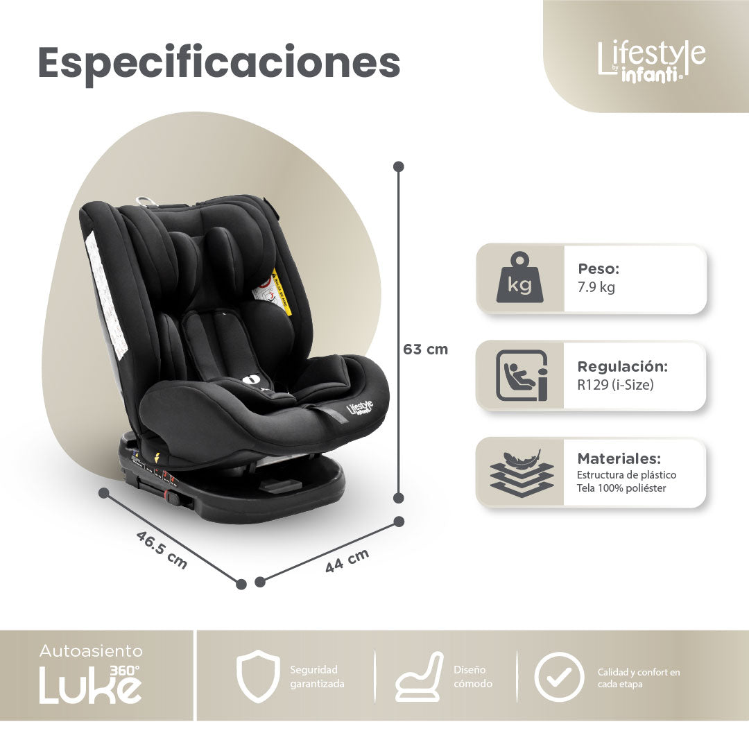 Autoasiento Evolutivo Luke Con Sistema ISOFIX, Top Tether, Giro 360° De 40 a 150 cm, Reclinación Ajustable, Arnés de 5 Puntos, Cabecera Ajustable, Certificación ECE R44/04 Lifestyle By Infanti.
