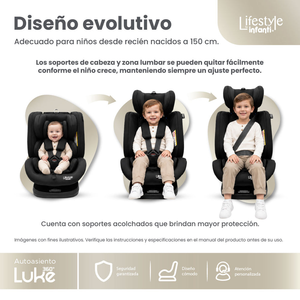 Autoasiento Evolutivo Luke Con Sistema ISOFIX, Top Tether, Giro 360° De 40 a 150 cm, Reclinación Ajustable, Arnés de 5 Puntos, Cabecera Ajustable, Certificación ECE R44/04 Lifestyle By Infanti.
