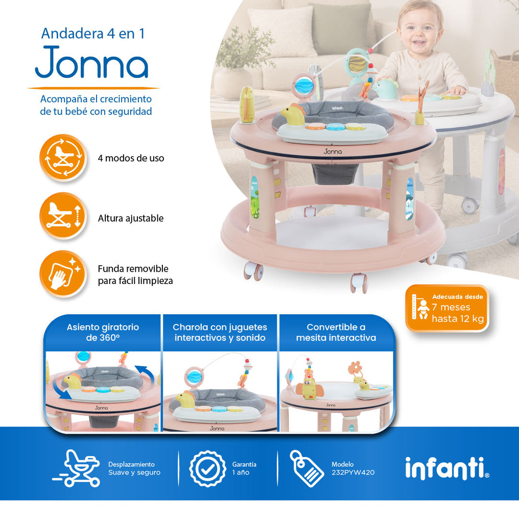 Andadera 4 en 1 Jonna Con Centro de Entretenimiento, Mesita Interactiva y Mesa de Juegos, Asiento Giratorio 360°, Altura Ajustable, Tapete Desmontable con Luz y Sonido, 12 kg max, Infanti