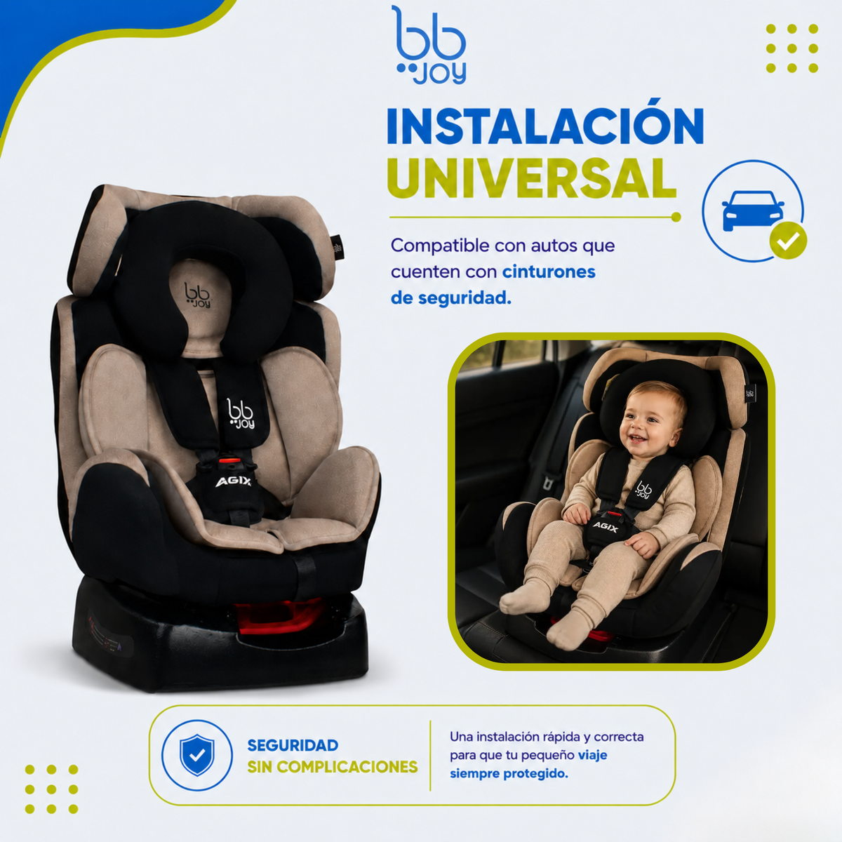 Autoasiento Evolutivo Agix Beige Con Negro De Recién Nacido Hasta 25 kg, Reclinable, Arnés de 5 Puntos, Acolchado, Funda Lavable, Instalación Reversa y Frontal, Certificación ECE R44/04, Bb Joy