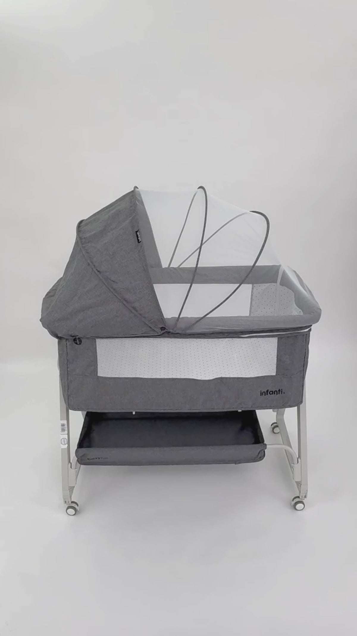 Cuna Corral Con Mosquitero, Davy Plus, Gris, Cambiador Desmontable, Colecho Lateral Abatible, Mecedora, Colchoneta Suave, Altura Ajustable, Inclinación Antirreflujo Organizador de Accesorios, Infanti