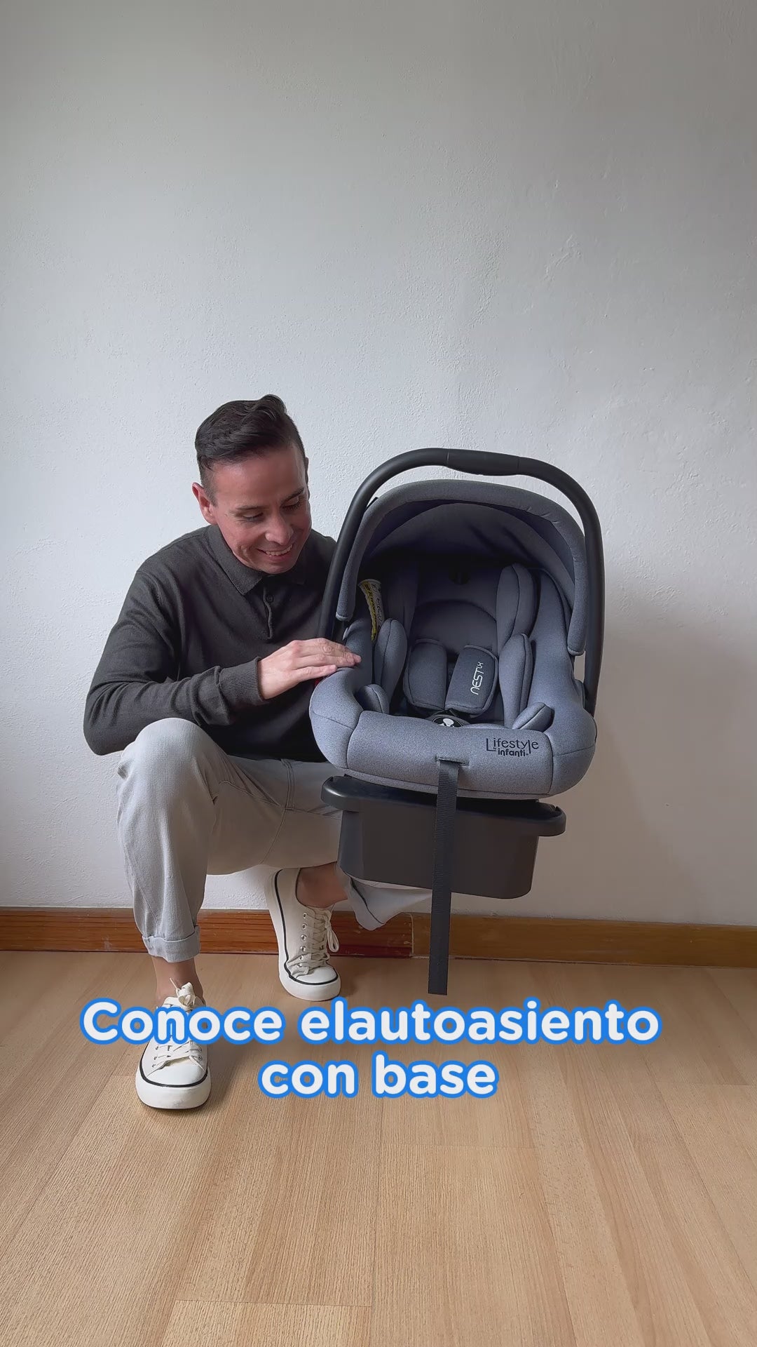 Autoasiento Portabebé Nest LX Gris Recién Nacido Hasta 13 kg, Instalación a Contramarcha, Base Incluida, Arnés de 3 Puntos, Soporte Acolchado, Toldo Plegable, Funda Lavable y Norma ECE R44/04, Infanti