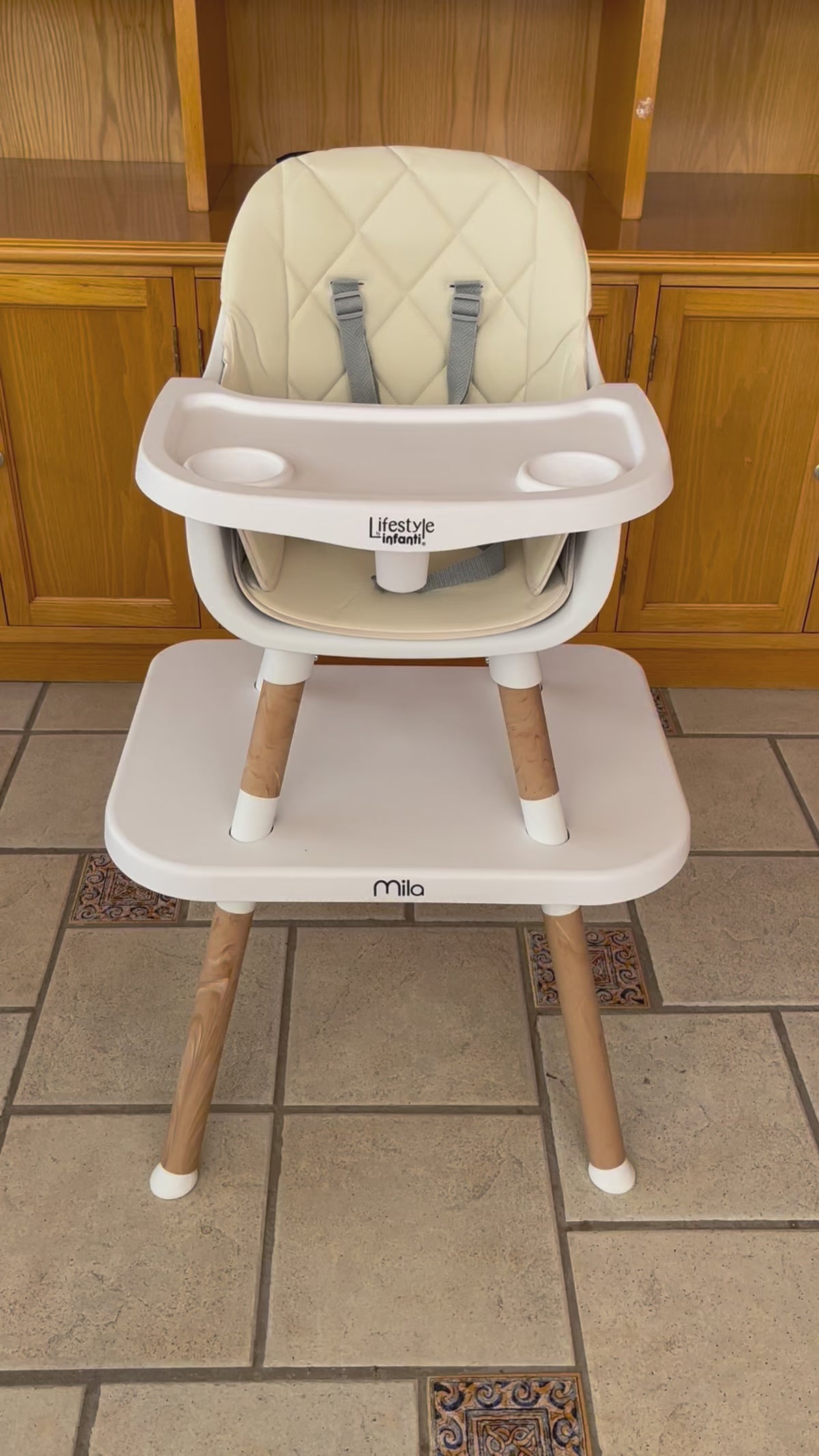 Silla Alta 6 en 1, Mila, Silla Pequeña, Banco Alto, Banquito, Mesa con Sillita y Mesa con Banco, Arnés de 5 Puntos, Charola Ajustable y Funda Lavable, Hasta 25 kg. Lifestyle By Infanti