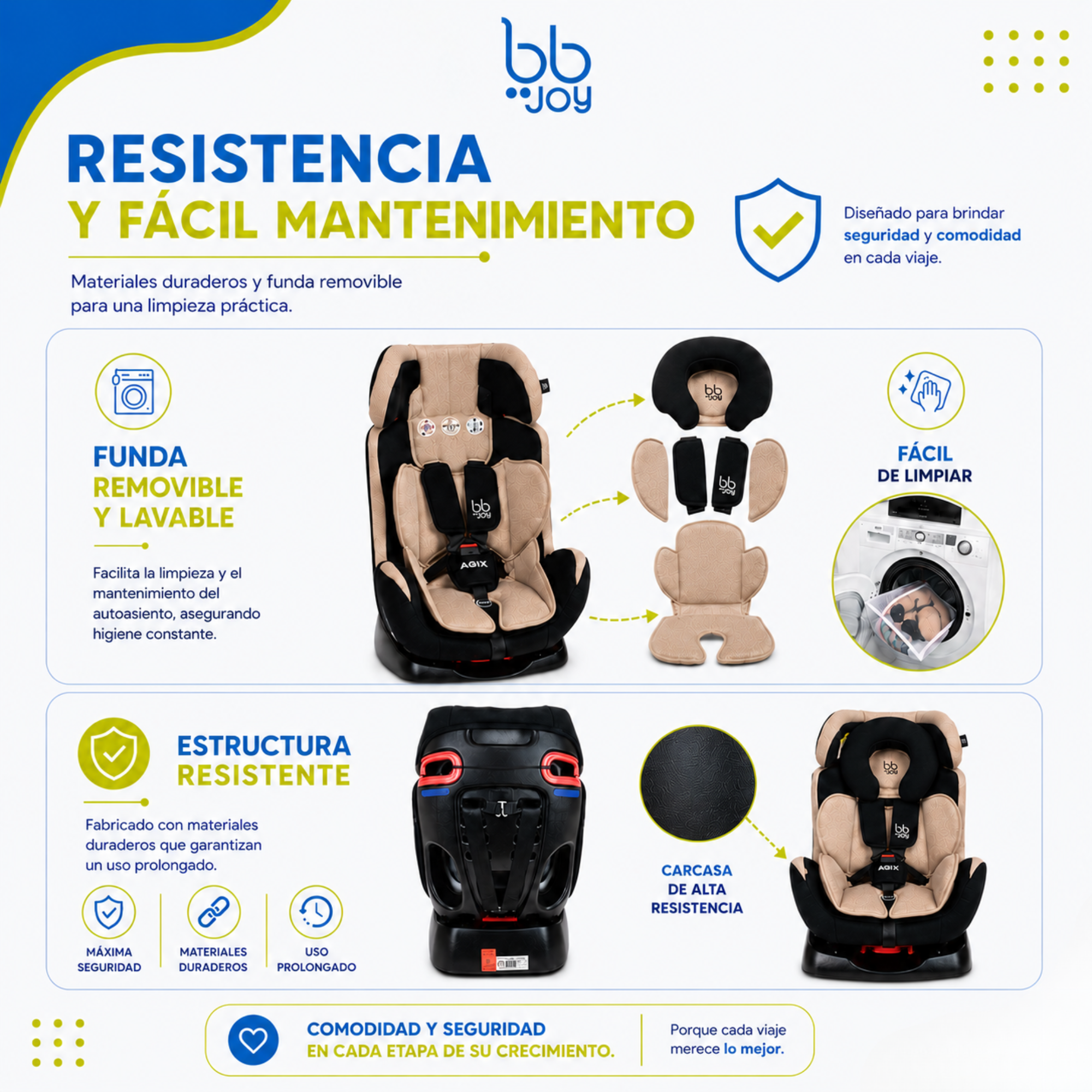 Autoasiento Evolutivo Agix Beige Con Negro De Recién Nacido Hasta 25 kg, Reclinable, Arnés de 5 Puntos, Acolchado, Funda Lavable, Instalación Reversa y Frontal, Certificación ECE R44/04, Bb Joy