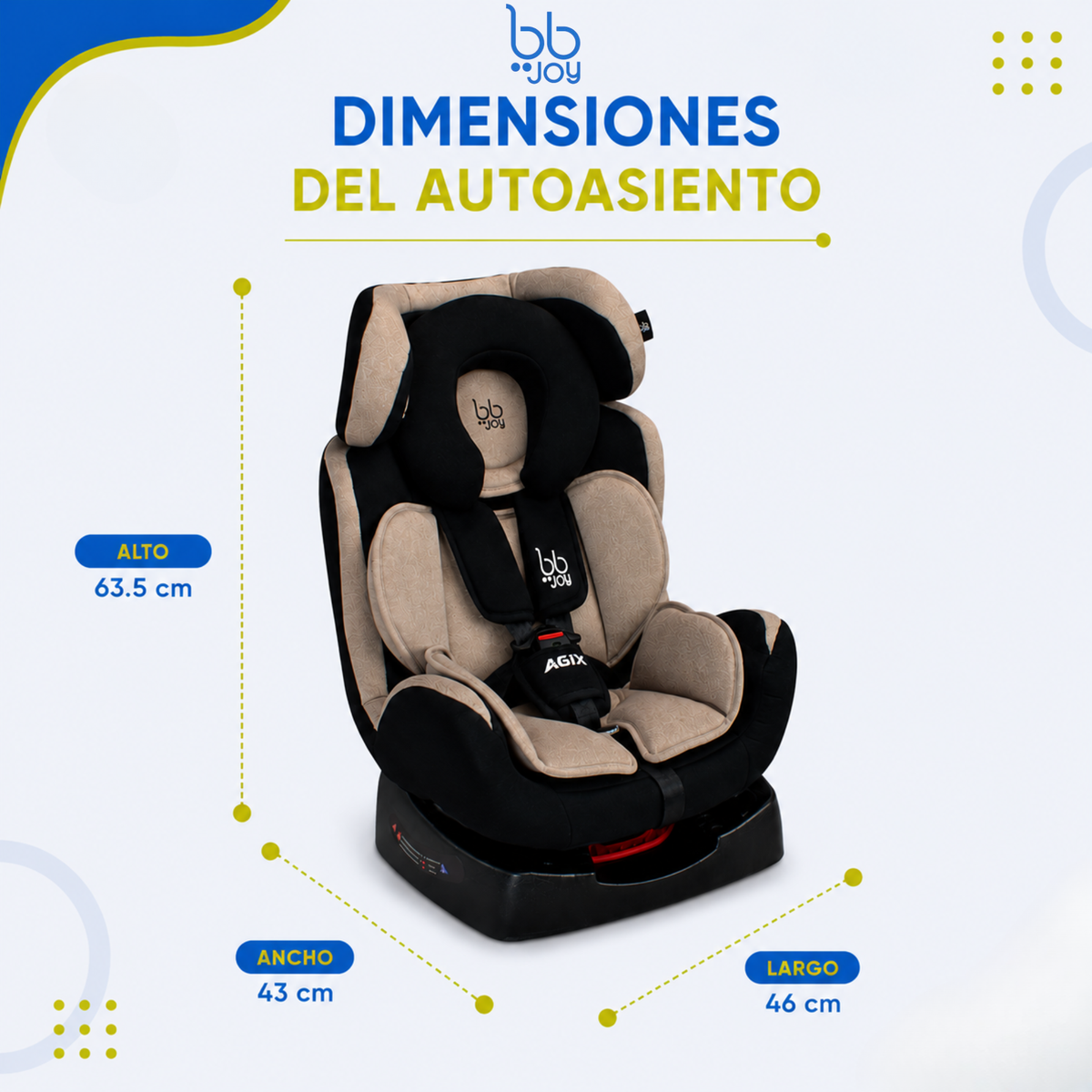 Autoasiento Evolutivo Agix Beige Con Negro De Recién Nacido Hasta 25 kg, Reclinable, Arnés de 5 Puntos, Acolchado, Funda Lavable, Instalación Reversa y Frontal, Certificación ECE R44/04, Bb Joy